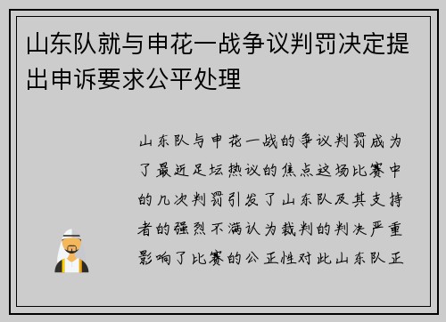 山东队就与申花一战争议判罚决定提出申诉要求公平处理