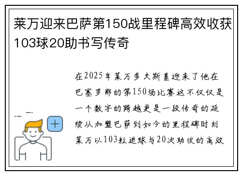 莱万迎来巴萨第150战里程碑高效收获103球20助书写传奇